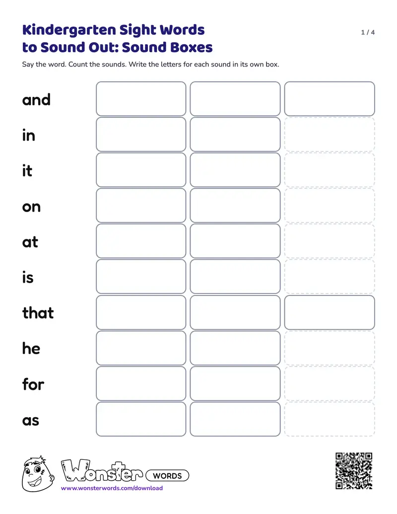 Page 1 of the Kindergarten Sight Words to Sound Out: Sound Boxes worksheet (4 pages): 14 words, answer key included