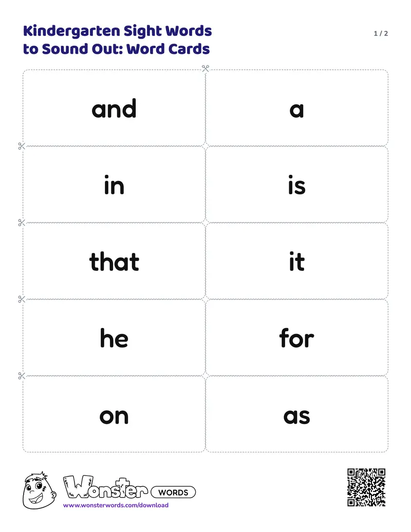Page 1 of the Kindergarten Sight Words to Sound Out: Word Cards worksheet (2 pages): 16 cards